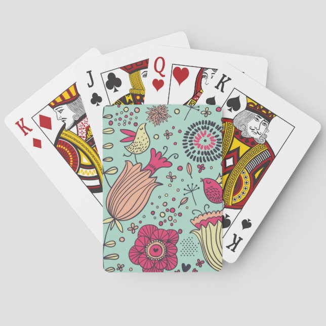 Cartoon floral pattern with birds poker cards (Back)