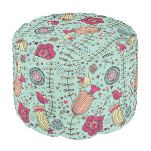Cartoon floral pattern with birds pouf