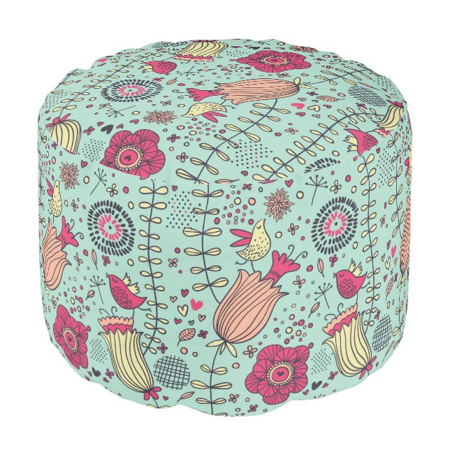Cartoon floral pattern with birds pouf (Angled Front)