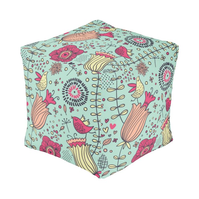 Cartoon floral pattern with birds pouf (Angled Front)