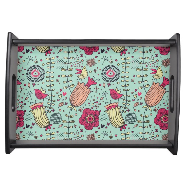Cartoon floral pattern with birds serving tray (Front)