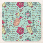 Cartoon floral pattern with birds square paper coaster