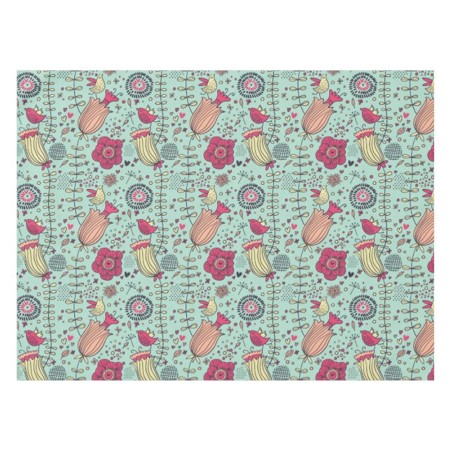 Cartoon floral pattern with birds tablecloth (Front (Horizontal))