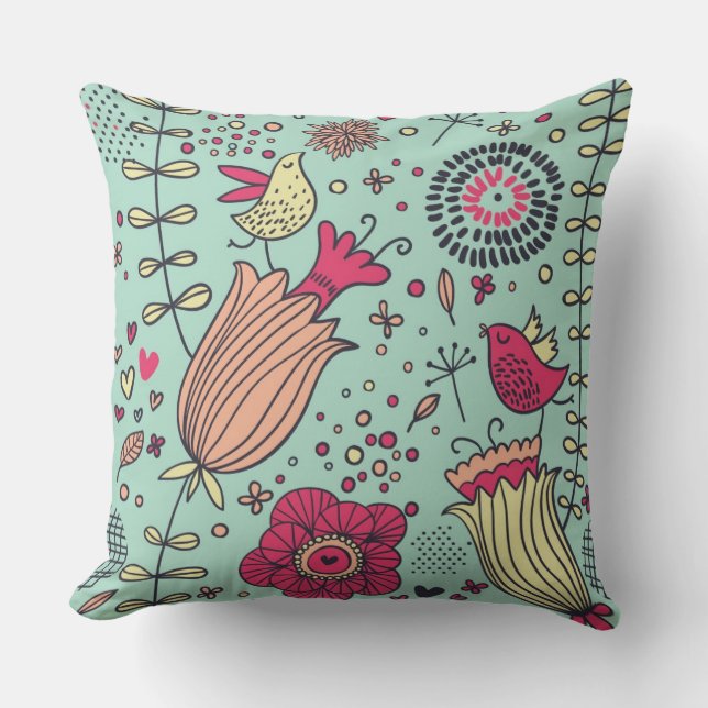 Cartoon floral pattern with birds throw pillow (Front)