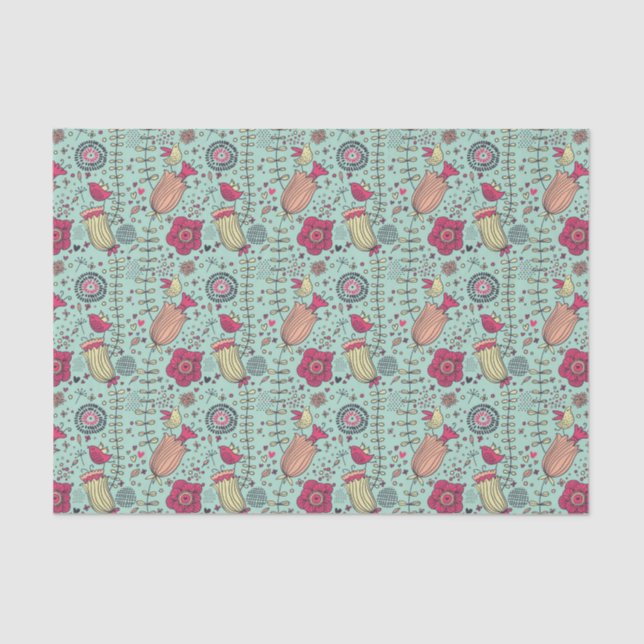 Cartoon floral pattern with birds tissue paper (Front)