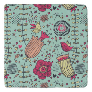 Cartoon floral pattern with birds trivet