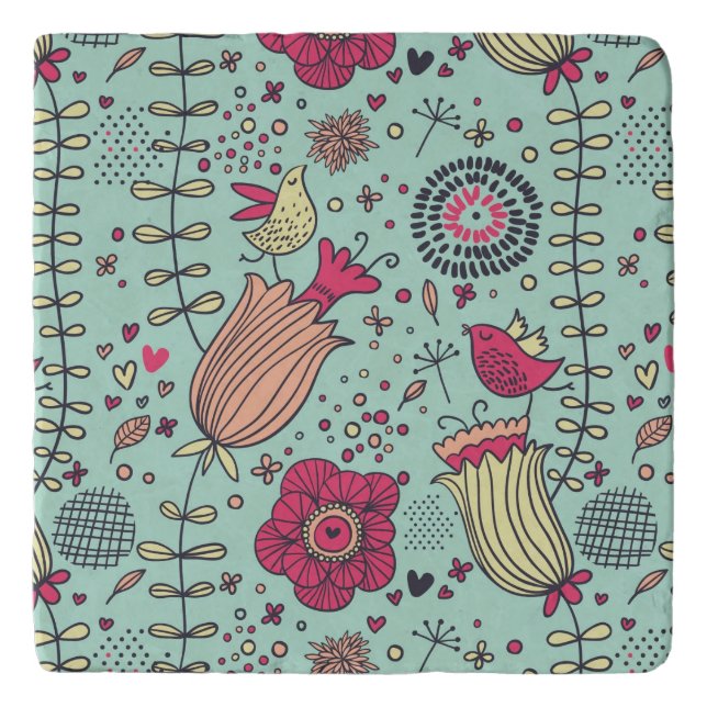 Cartoon floral pattern with birds trivet (Front)