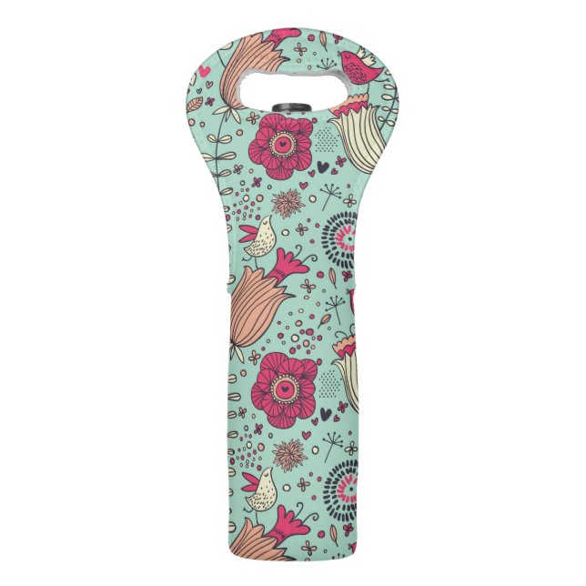 Cartoon floral pattern with birds wine bag (Front)
