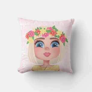 Cartoon Flower Child Girl on Pink Throw Pillow