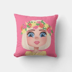 Cartoon Flower Child Girl on Pink Throw Pillow