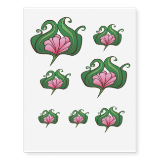 Cartoon Flower Pink and Green Temporary Tattoos