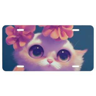 Cartoon fluffy baby kitten, big eyes, pink flower license plate