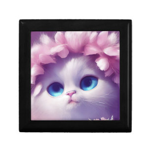 Cartoon fluffy baby kitten with big eyes gift box