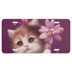 Cartoon fluffy baby kitten with big eyes license plate