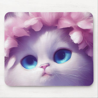 Cartoon fluffy baby kitten with big eyes mouse pad
