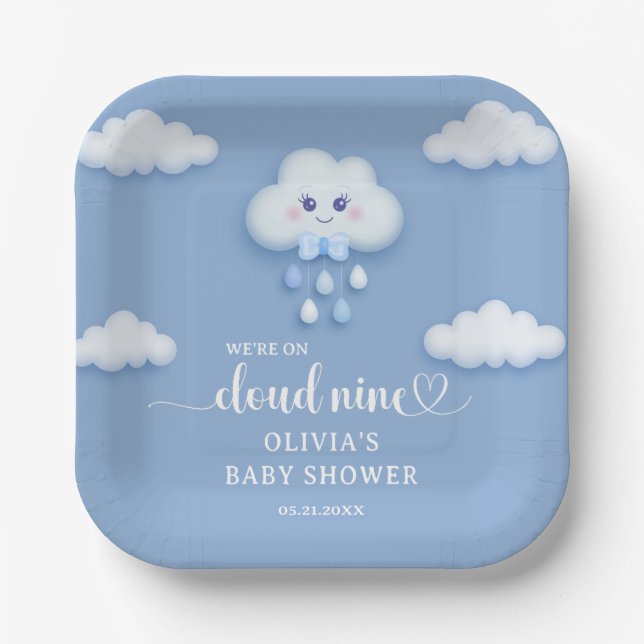 Cartoon fluffy white cloud 9 blue boy baby shower paper plates (Front)