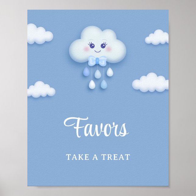 Cartoon fluffy white cloud nine blue boy favors poster (Front)