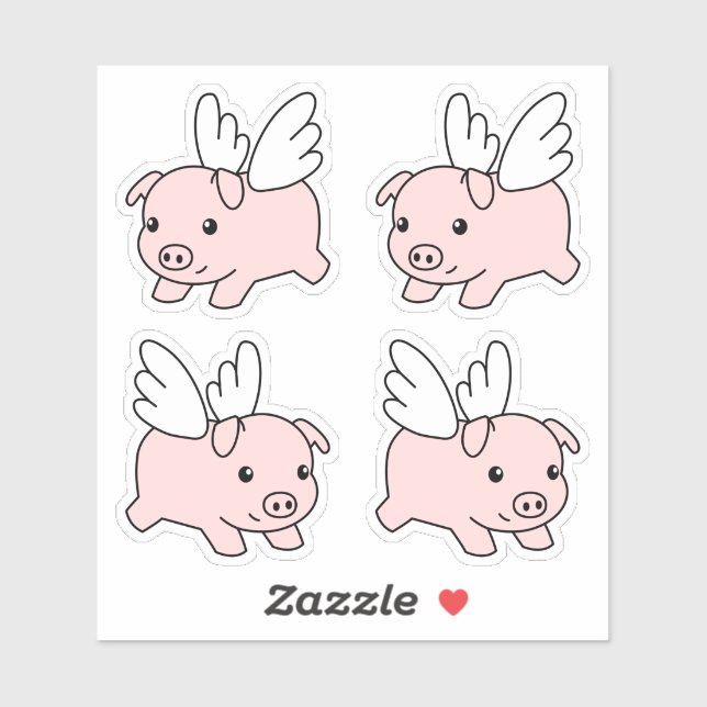 Cartoon Flying Pig - Cute Piglet Wings, Set of 4 Sticker (Sheet)