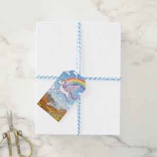 Cartoon Flying Unicorn with Rainbow   Personalize Gift Tags