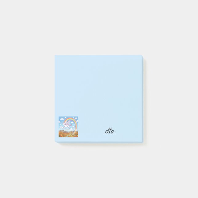 Cartoon Flying Unicorn with Rainbow | Personalize Post-it Notes (Front)