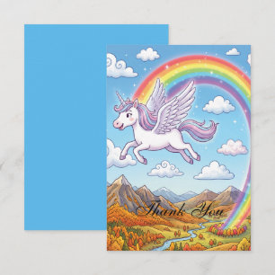 Cartoon Flying Unicorn with Rainbow   Personalize Thank You Card