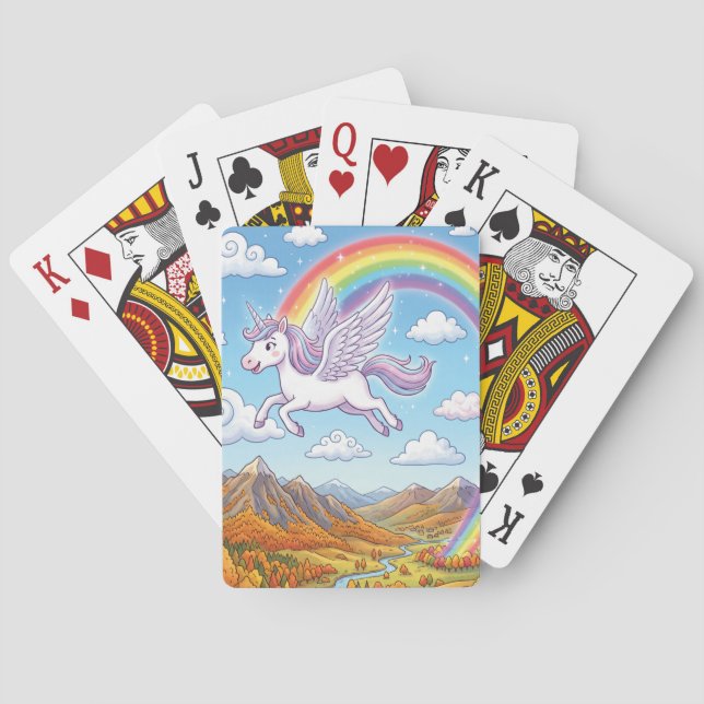 Cartoon Flying Unicorn with Rainbow Poker Cards (Back)