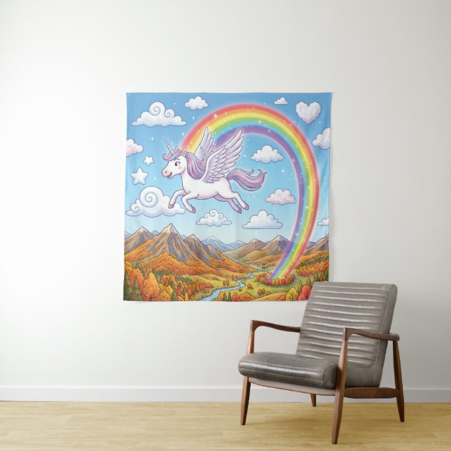 Cartoon Flying Unicorn with Rainbow Tapestry (In Situ)