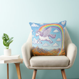 Cartoon Flying Unicorn with Rainbow Throw Pillow