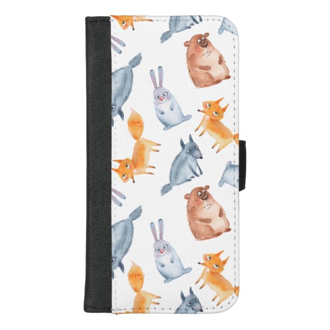 Cartoon forest animals. Wolf, bear, fox and hare. iPhone Wallet Case (Front)