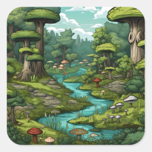 Cartoon Forest Dreamscape Square Sticker