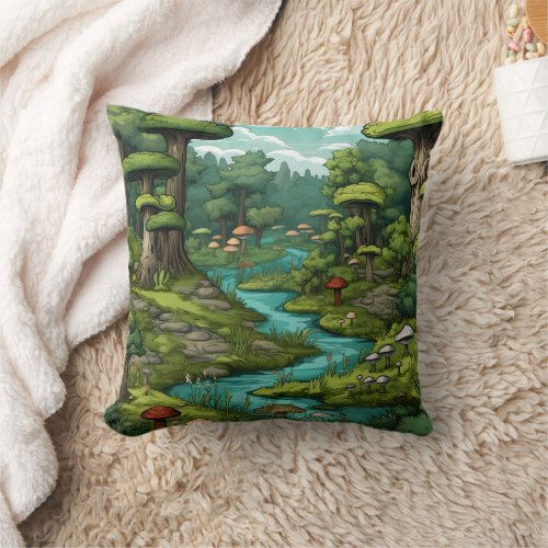 Cartoon Forest Dreamscape Throw Pillow
