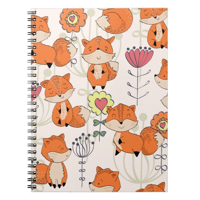 Cartoon fox, flowers: vintage hand-drawn pattern notebook (Front)