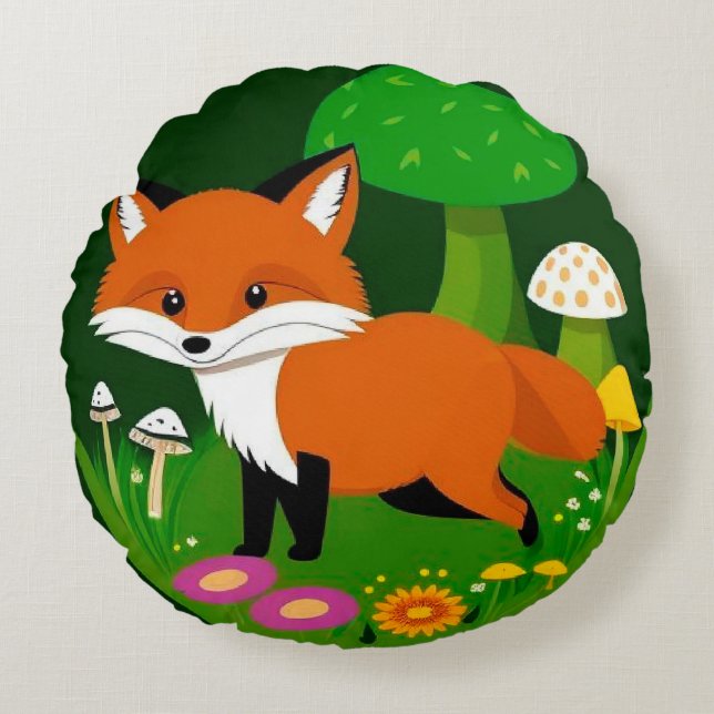 Cartoon Fox in a Forest Round Pillow (Front)