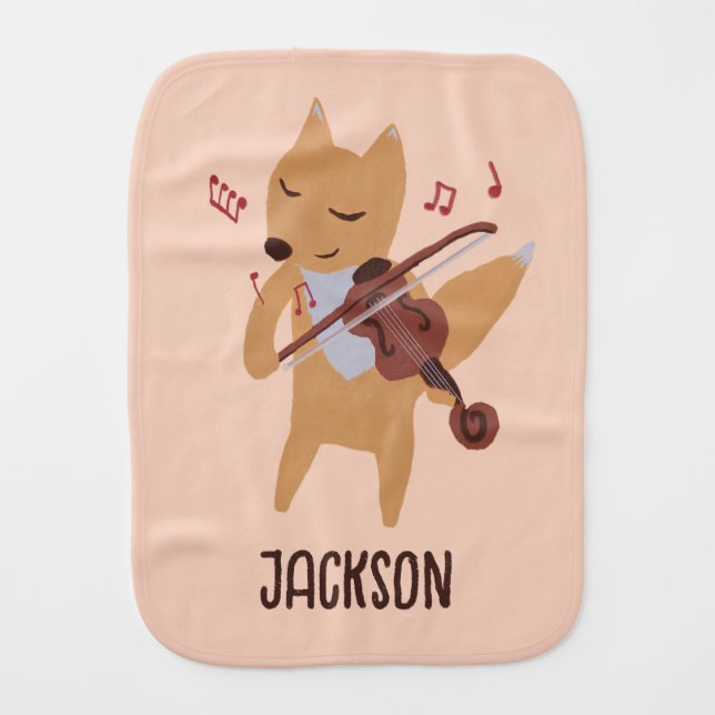 Cartoon Fox Playing Violin Music Woodland  Baby Burp Cloth (Front)