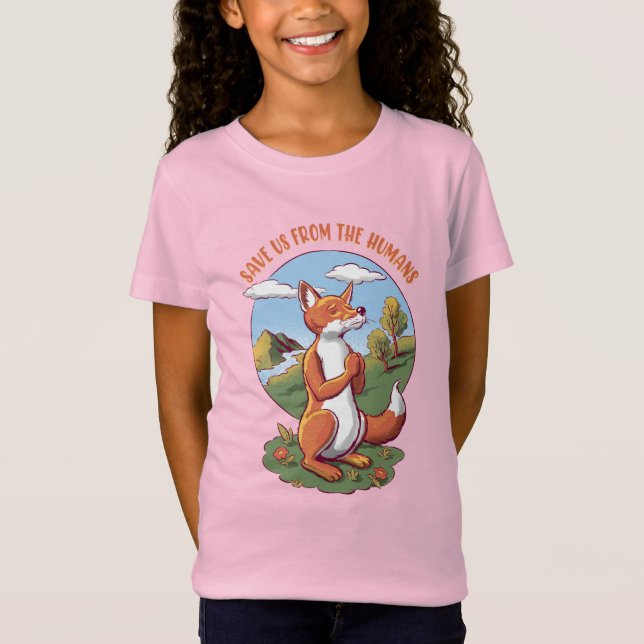 Cartoon Fox Prayer – Save Nature Message T-Shirt (Front)