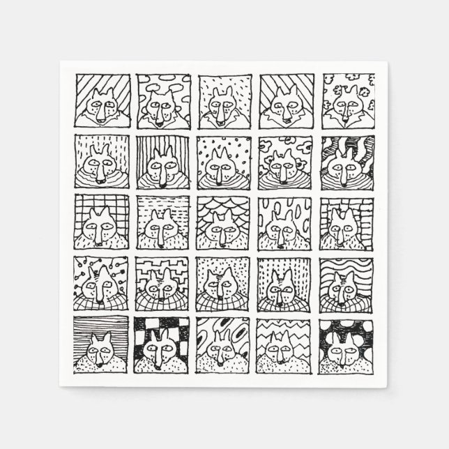 Cartoon Foxes Faces Squares Drawing Napkins (Front)
