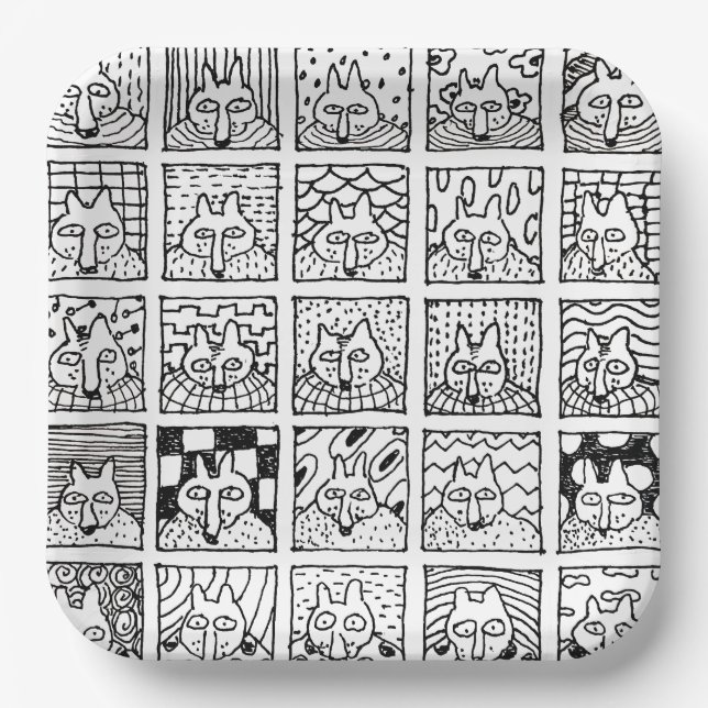 Cartoon Foxes Faces Squares Drawing Paper Plates (Front)