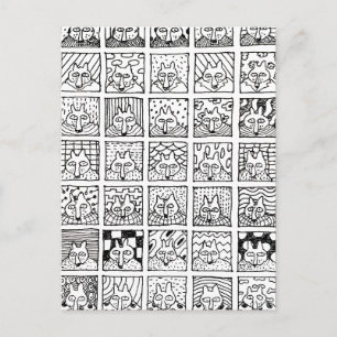 Cartoon Foxes Faces Squares Drawing Postcard