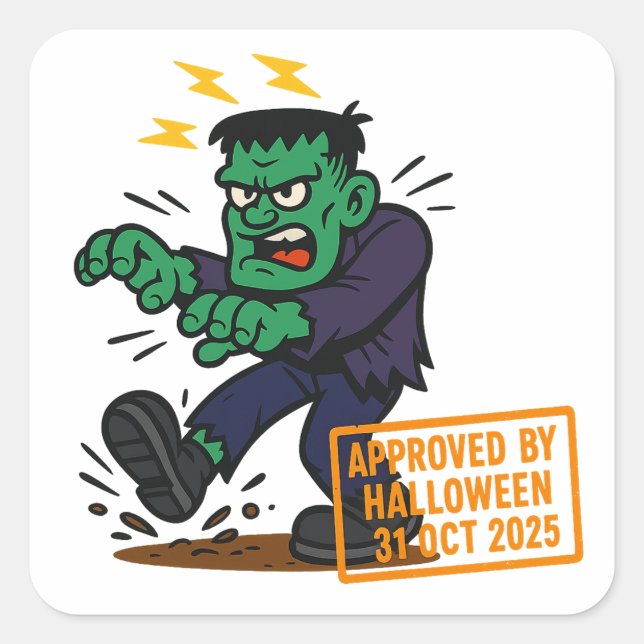  Cartoon Frankenstein – Approved by Halloween Square Sticker (Front)