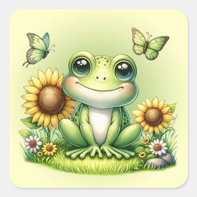 Cartoon Frog Butterflies and Sunflowers Square Sticker (Front)