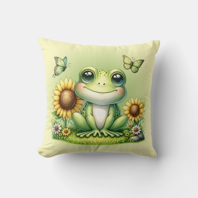 Cartoon Frog Butterflies and Sunflowers Throw Pillow (Front)