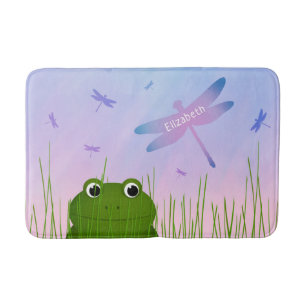 cartoon frog peeking thru grass dragonflies girls bath mat