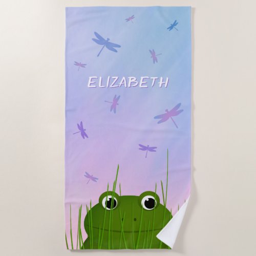 cartoon frog peeking thru grass dragonflies girls beach towel