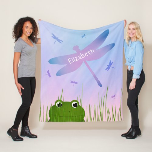 cartoon frog peeking thru grass dragonflies girls fleece blanket