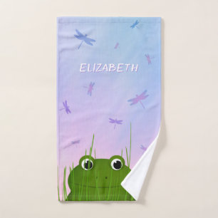 cartoon frog peeking thru grass dragonflies girls hand towel