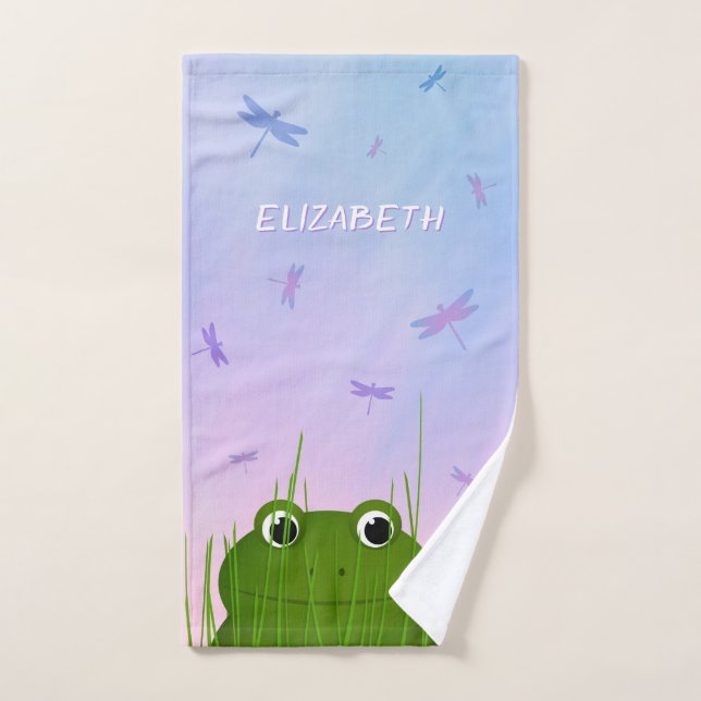 cartoon frog peeking thru grass dragonflies girls hand towel  (Hand Towel)