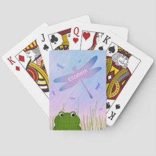 cartoon frog peeking thru grass dragonflies girls poker cards
