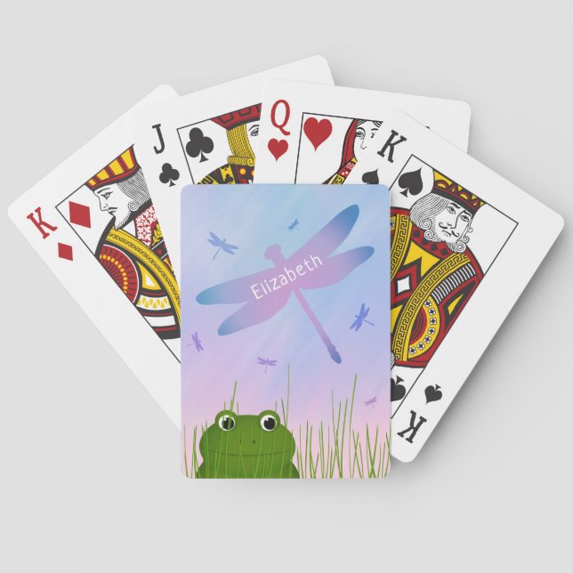 cartoon frog peeking thru grass dragonflies girls poker cards (Back)
