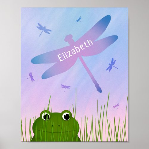 cartoon frog peeking thru grass dragonflies girls poster