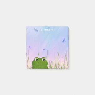 cartoon frog peeking thru grass dragonflies post-it notes